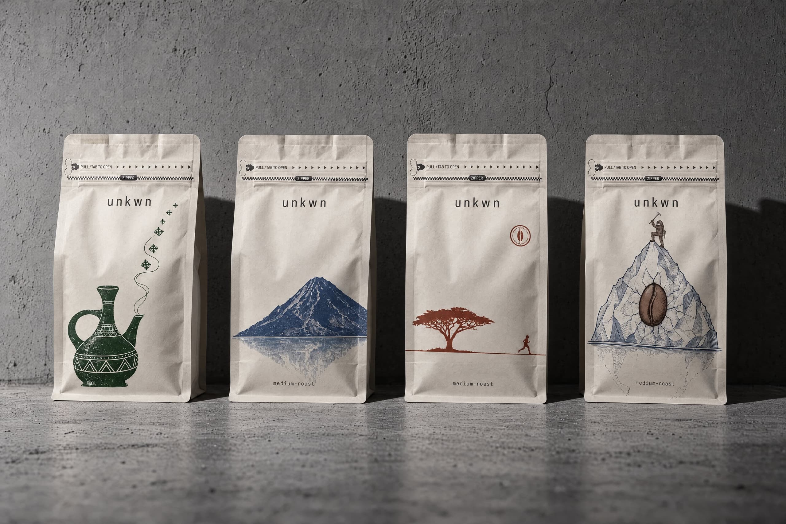 The four unkwn bags in a row on concrete