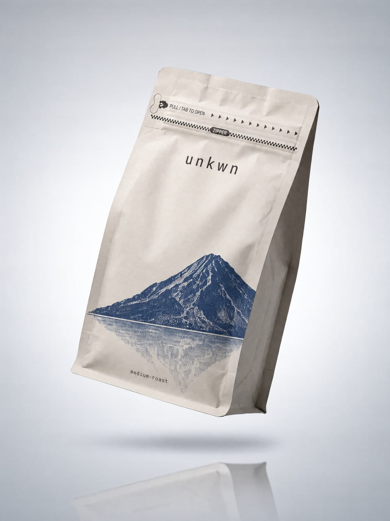 unkwn Lot 002 El Salvador, 12 oz bag, mountain and reflection artwork in indigo